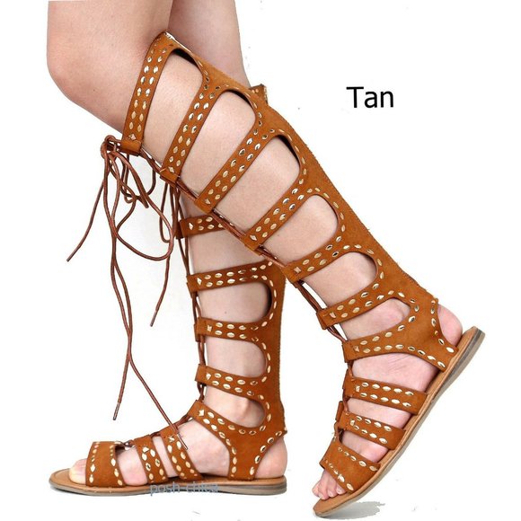 New Tan Gold Studded Knee High Gladiator Sandals - Picture 2 of 3